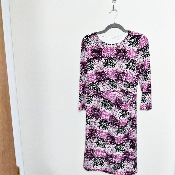 Eliza J Purple and Black Dotted Check Print Quarter Sleeve Gathered Dress - Picture 1 of 9